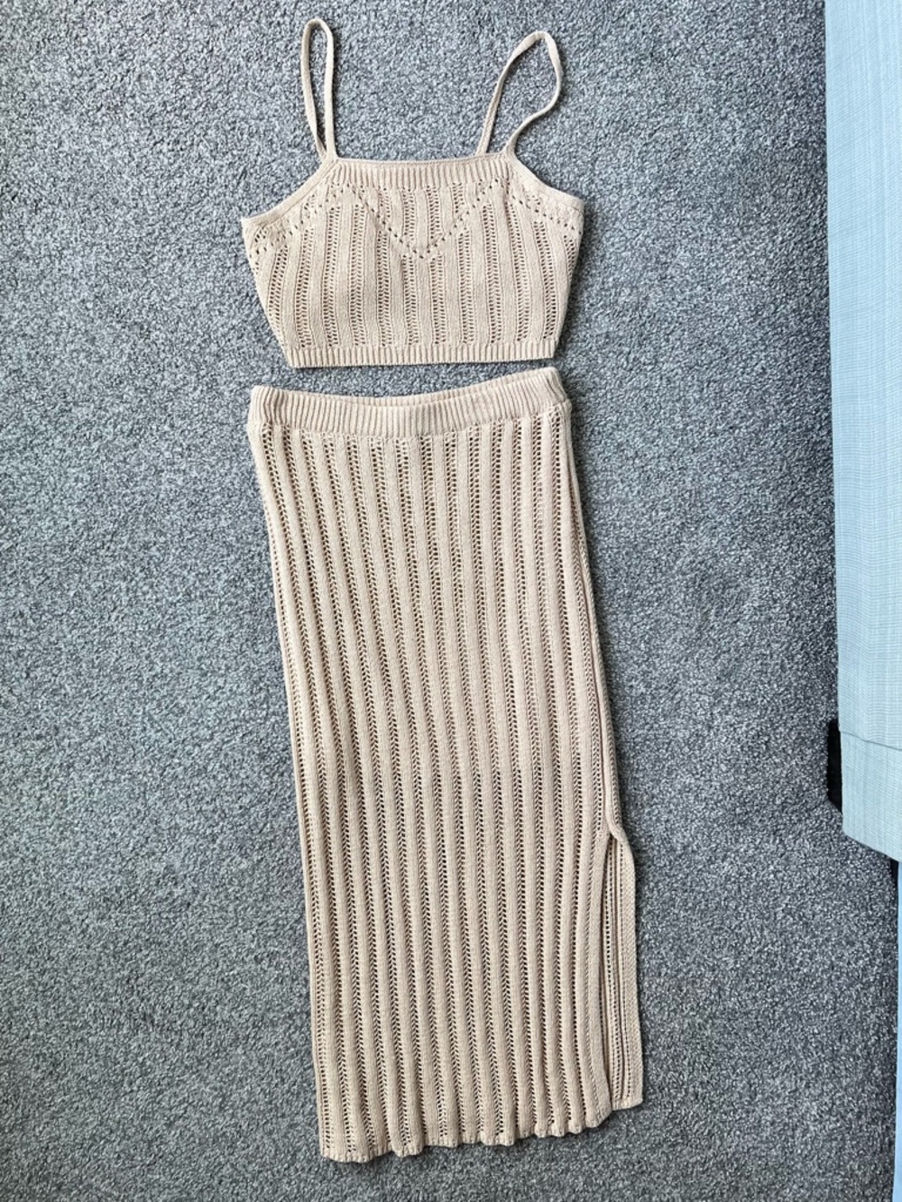 Neutral Beige Knit Maxi Skirt - Women's Ribbed Side-Slit Style